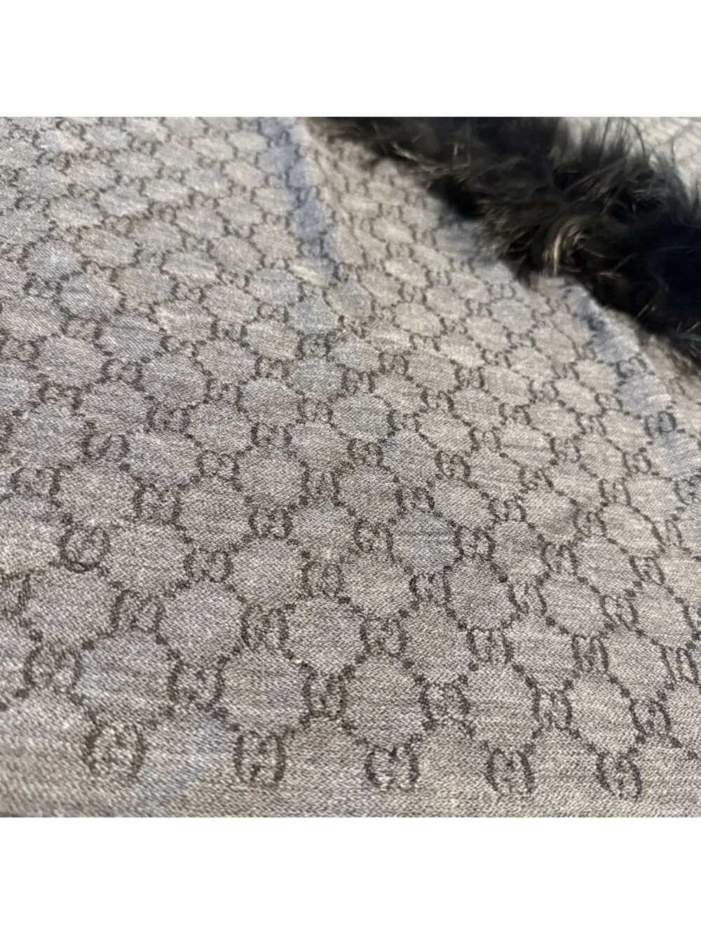 Gucci Black Grey Wool Silk Blend Fox Fur Trim GG Monogram Scarf Shawl